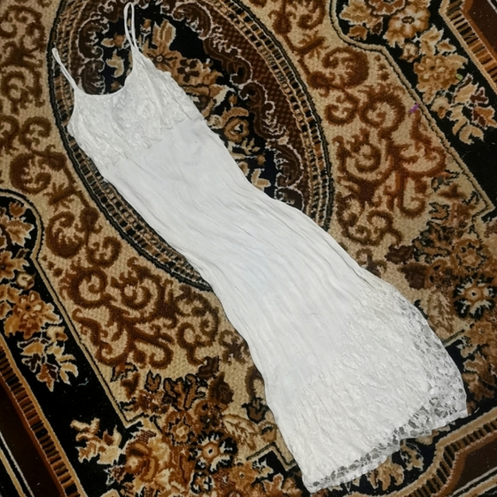 SOLD 90s Slinky White Shimmer Lace Maxi Dress Cottagecore Coquette Papillon - Picture 1 of 9